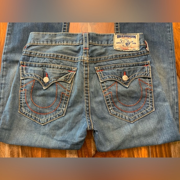 Blue True Religions with Red Back Pockets Stitching - Picture 2 of 5
